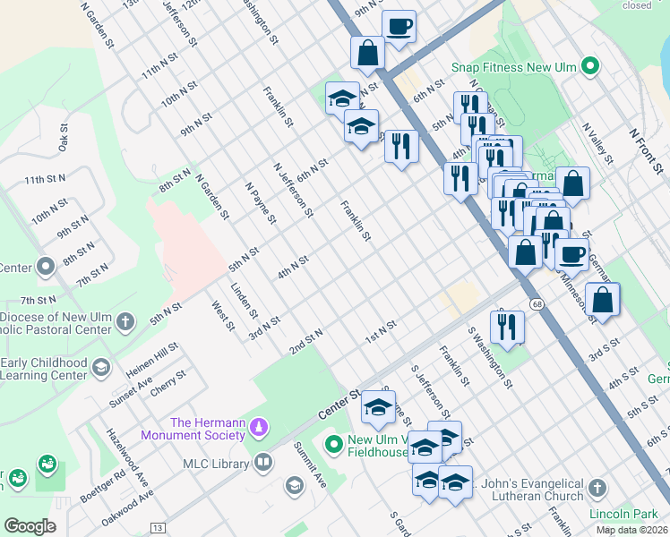 map of restaurants, bars, coffee shops, grocery stores, and more near 318 North Payne Street in New Ulm