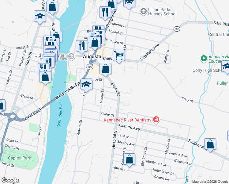 map of restaurants, bars, coffee shops, grocery stores, and more near 37 Chestnut Street in Augusta