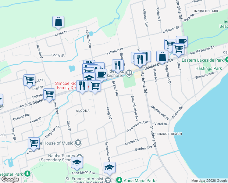 map of restaurants, bars, coffee shops, grocery stores, and more near 2070 Saint Paul Road in Innisfil