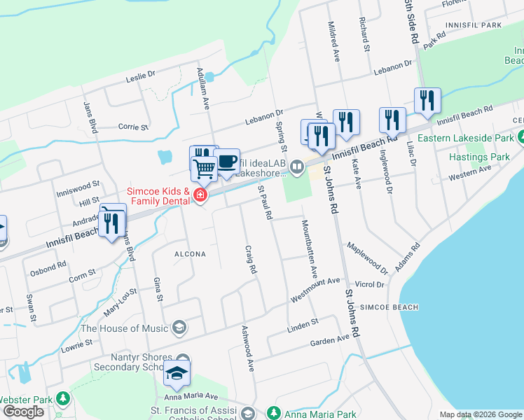 map of restaurants, bars, coffee shops, grocery stores, and more near 2070 Saint Paul Road in Innisfil