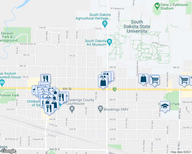 map of restaurants, bars, coffee shops, grocery stores, and more near 709 9th Avenue in Brookings