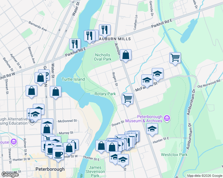 map of restaurants, bars, coffee shops, grocery stores, and more near in Peterborough