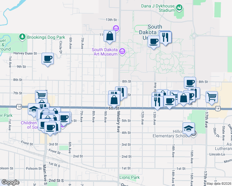 map of restaurants, bars, coffee shops, grocery stores, and more near 927 7th Street in Brookings