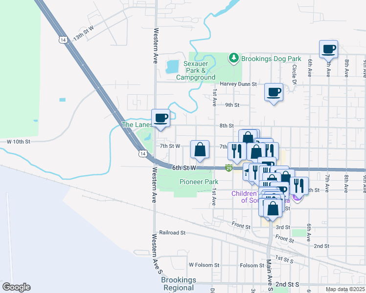 map of restaurants, bars, coffee shops, grocery stores, and more near 299 7th Street West in Brookings