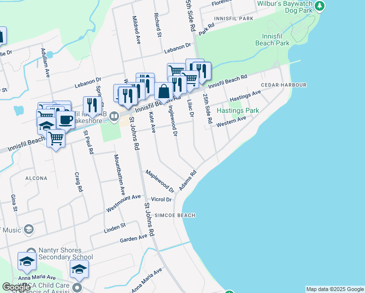 map of restaurants, bars, coffee shops, grocery stores, and more near 2027 Inglewood Drive in Innisfil