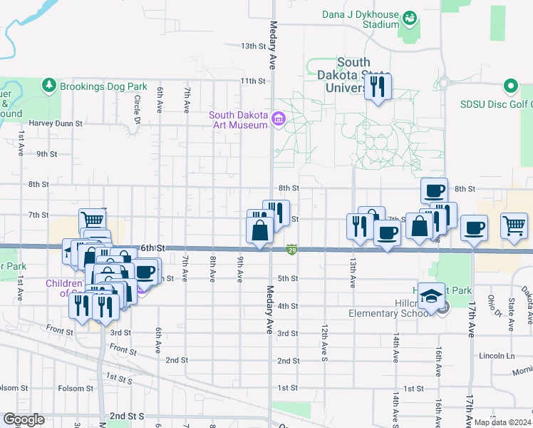map of restaurants, bars, coffee shops, grocery stores, and more near 927 7th Street in Brookings