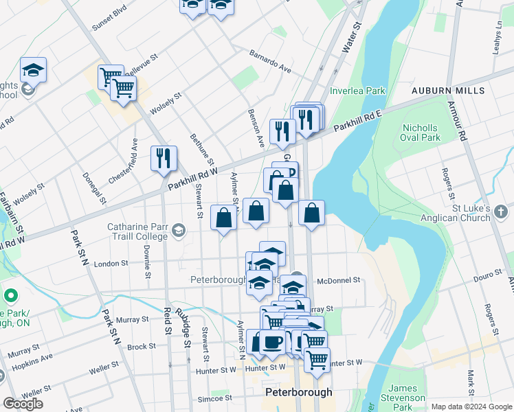 map of restaurants, bars, coffee shops, grocery stores, and more near 633 Union Street in Peterborough