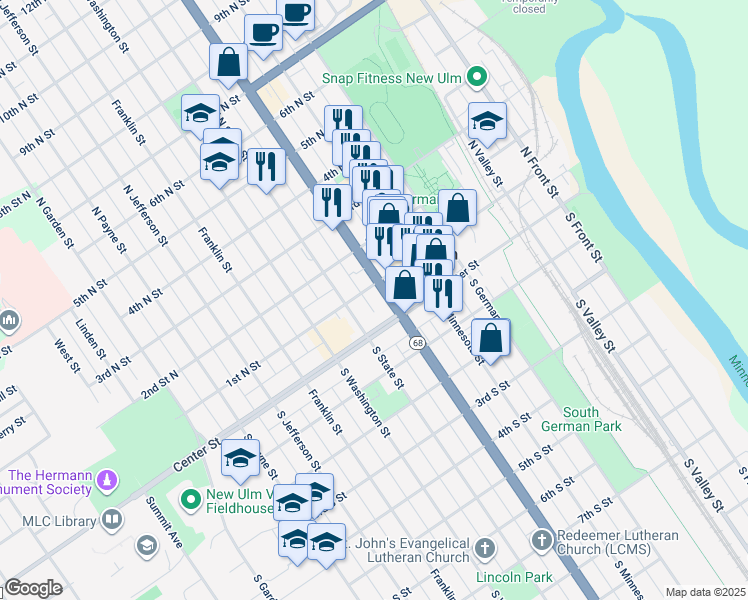map of restaurants, bars, coffee shops, grocery stores, and more near 17 North Broadway Stret in New Ulm