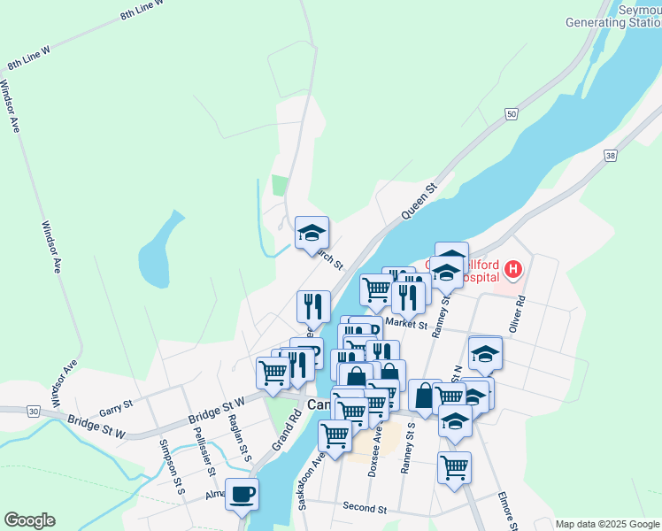 map of restaurants, bars, coffee shops, grocery stores, and more near 36 Church Street in Campbellford