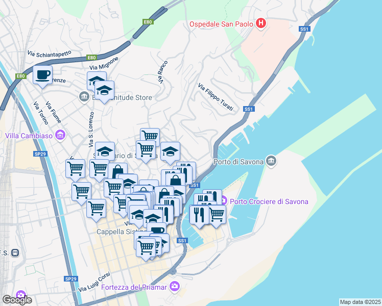 map of restaurants, bars, coffee shops, grocery stores, and more near 2 Via Bonifacio del Vasto in Savona