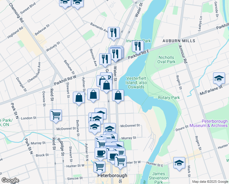 map of restaurants, bars, coffee shops, grocery stores, and more near 631 Water Street in Peterborough