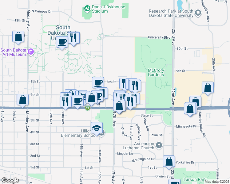 map of restaurants, bars, coffee shops, grocery stores, and more near 645 Faculty Drive in Brookings