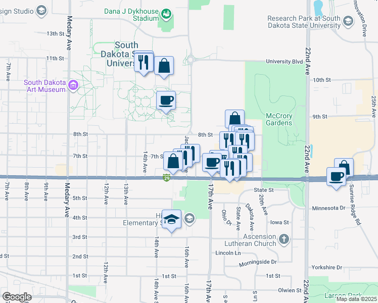map of restaurants, bars, coffee shops, grocery stores, and more near 701-799 16th Avenue in Brookings