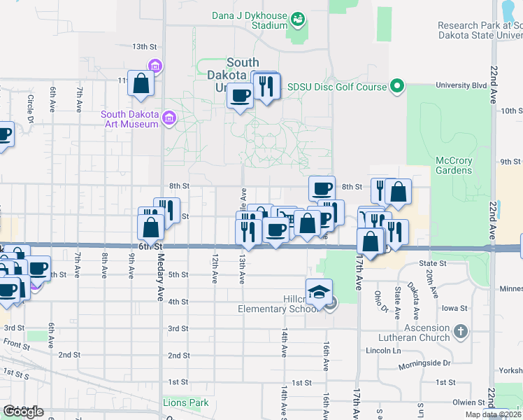 map of restaurants, bars, coffee shops, grocery stores, and more near in Brookings