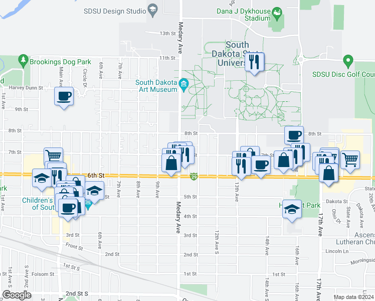 map of restaurants, bars, coffee shops, grocery stores, and more near 1017 7th Street in Brookings