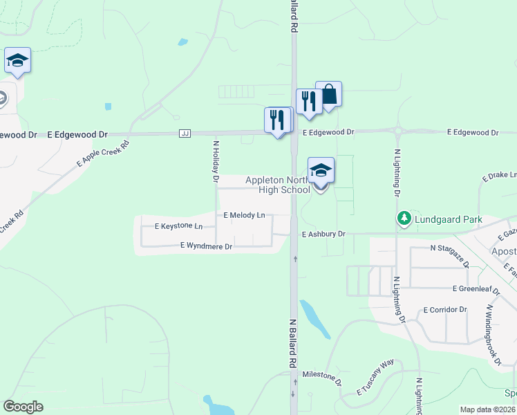 map of restaurants, bars, coffee shops, grocery stores, and more near 1810 East Melody Lane in Appleton