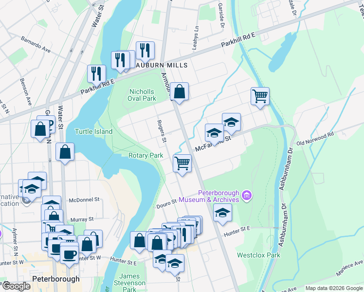 map of restaurants, bars, coffee shops, grocery stores, and more near in Peterborough