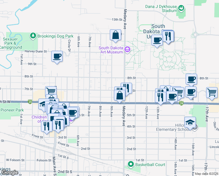 map of restaurants, bars, coffee shops, grocery stores, and more near 705 9th Avenue in Brookings