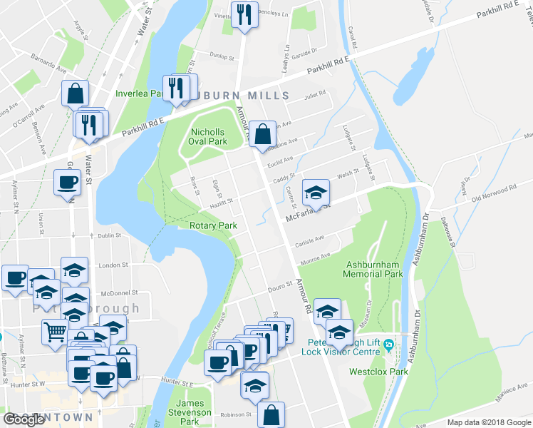map of restaurants, bars, coffee shops, grocery stores, and more near 607 Armour Road in Peterborough