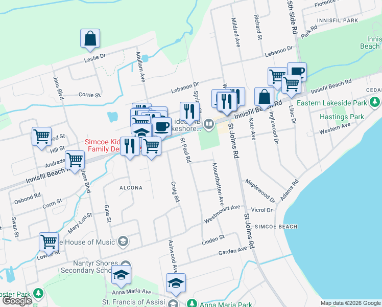 map of restaurants, bars, coffee shops, grocery stores, and more near 1008 Westminister Street in Innisfil