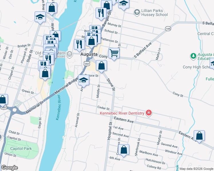 map of restaurants, bars, coffee shops, grocery stores, and more near 37 Chestnut Street in Augusta