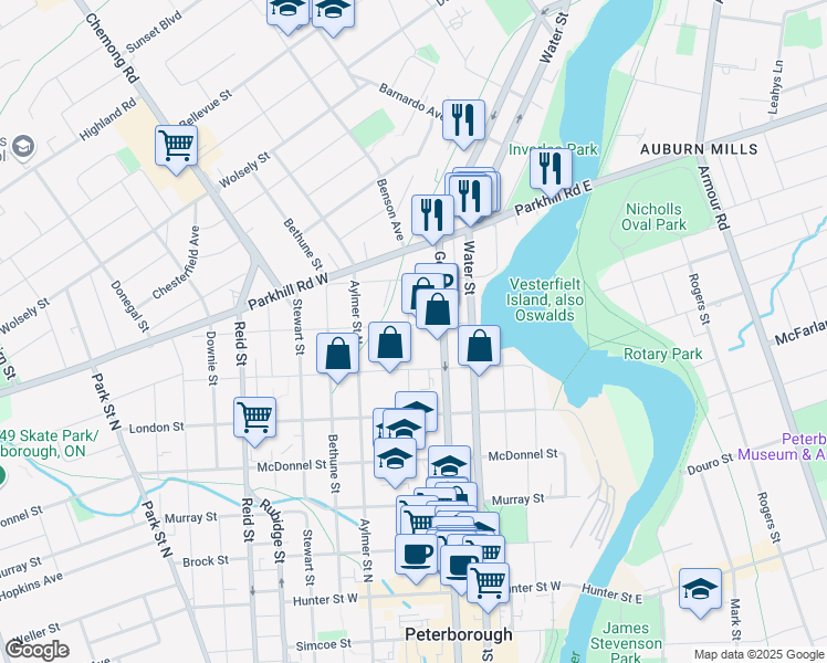map of restaurants, bars, coffee shops, grocery stores, and more near 177 Edinburgh Street in Peterborough