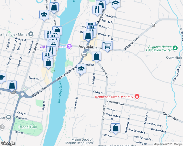map of restaurants, bars, coffee shops, grocery stores, and more near 16 Chestnut Street in Augusta