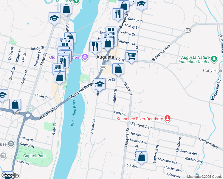 map of restaurants, bars, coffee shops, grocery stores, and more near 16 Chestnut Street in Augusta