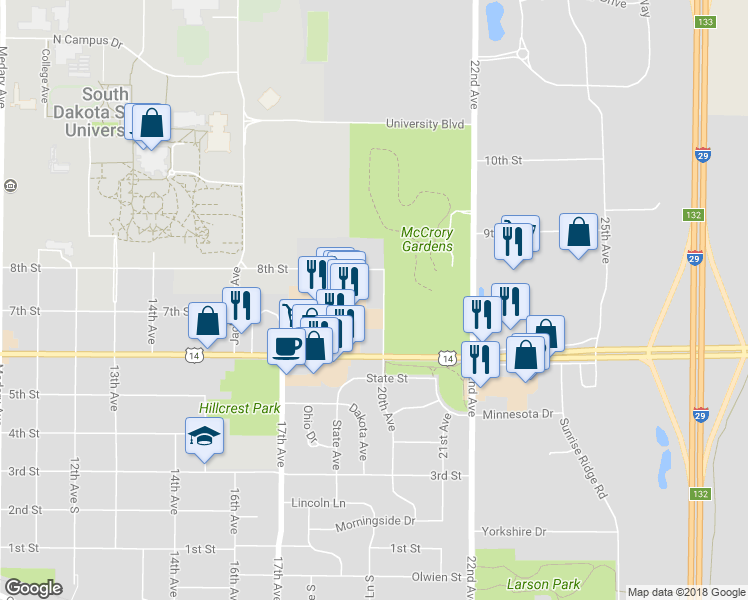 map of restaurants, bars, coffee shops, grocery stores, and more near 715 20th Avenue in Brookings