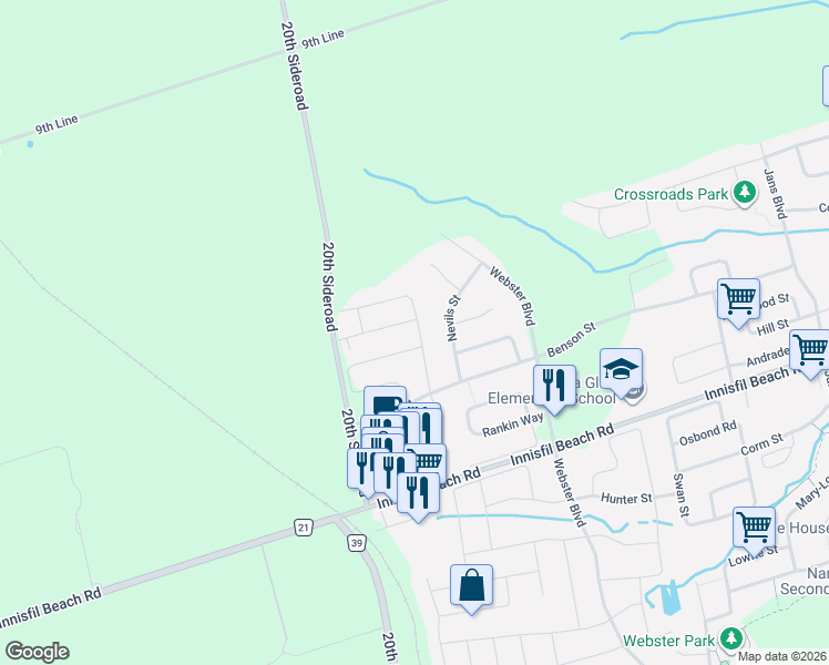 map of restaurants, bars, coffee shops, grocery stores, and more near 2218 Lozenby Street in Innisfil