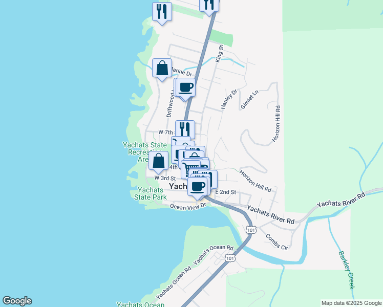 map of restaurants, bars, coffee shops, grocery stores, and more near 470 Highway 101 North in Yachats