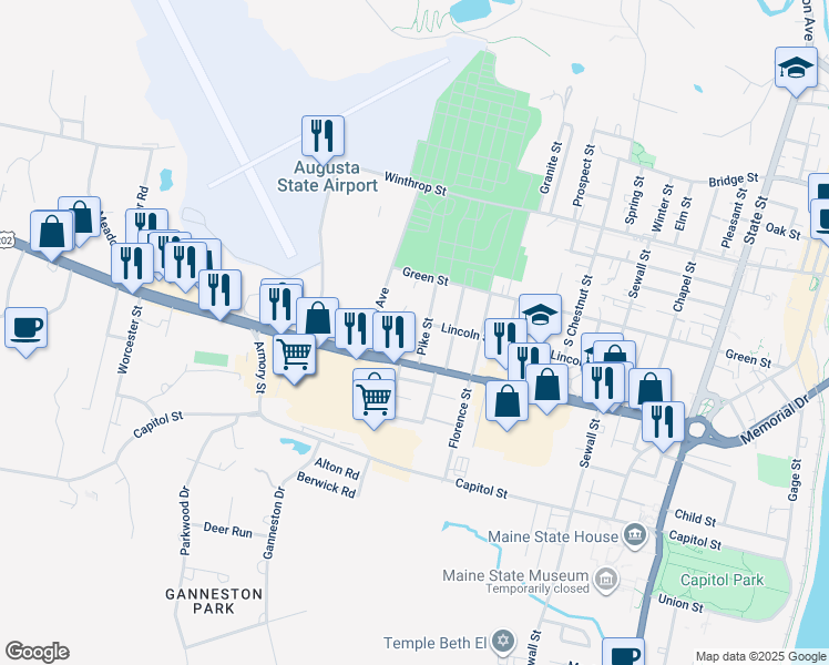 map of restaurants, bars, coffee shops, grocery stores, and more near 99 Maine 11 in Augusta