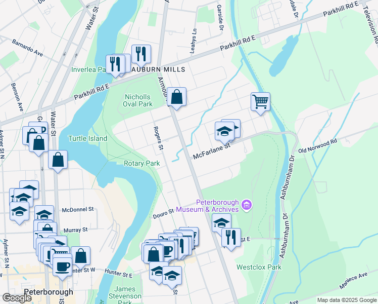map of restaurants, bars, coffee shops, grocery stores, and more near in Peterborough
