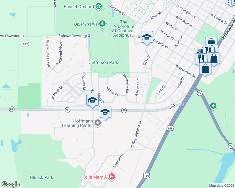 map of restaurants, bars, coffee shops, grocery stores, and more near 812 Menk Drive in Saint Peter