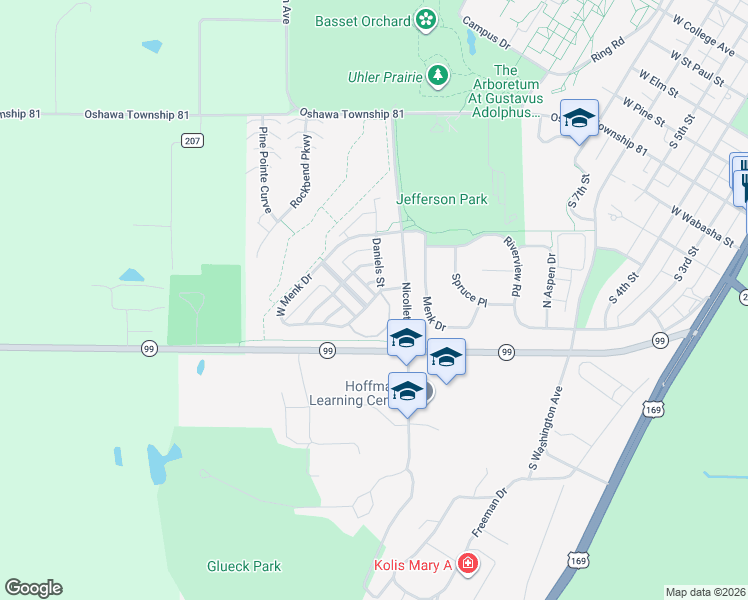 map of restaurants, bars, coffee shops, grocery stores, and more near 1530 West Menk Drive in Saint Peter