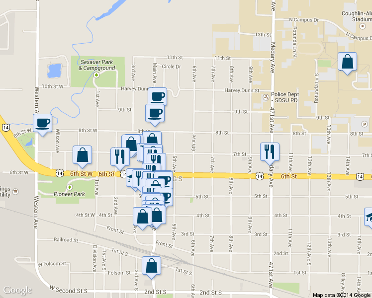 map of restaurants, bars, coffee shops, grocery stores, and more near 501-599 7th Street in Brookings