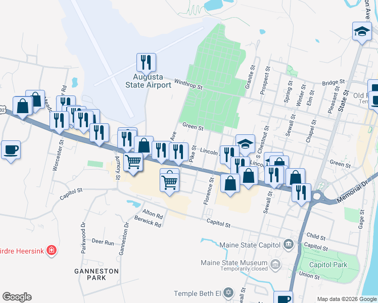 map of restaurants, bars, coffee shops, grocery stores, and more near 99 Maine 11 in Augusta