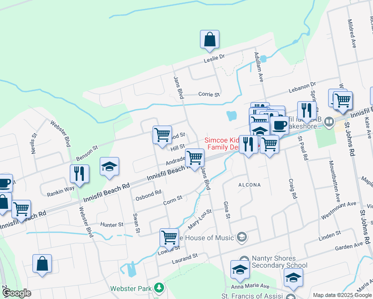 map of restaurants, bars, coffee shops, grocery stores, and more near 1169 Hill Street in Innisfil