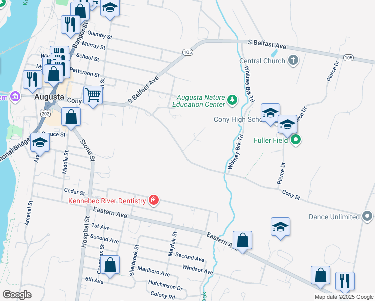 map of restaurants, bars, coffee shops, grocery stores, and more near 229 Cony Street in Augusta