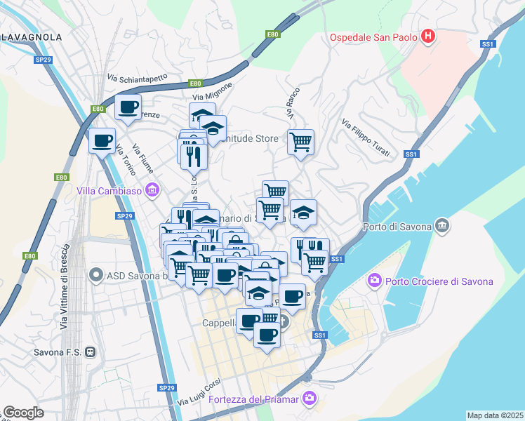 map of restaurants, bars, coffee shops, grocery stores, and more near 41 Via della Tagliata in Savona
