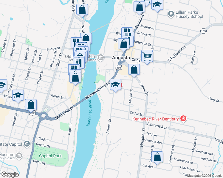 map of restaurants, bars, coffee shops, grocery stores, and more near 5 Howard Street in Augusta