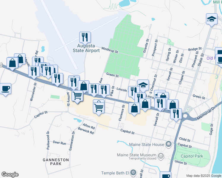 map of restaurants, bars, coffee shops, grocery stores, and more near 99 Maine 11 in Augusta
