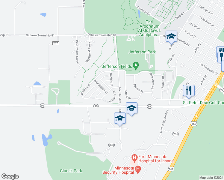 map of restaurants, bars, coffee shops, grocery stores, and more near 1540 West Menk Drive in Saint Peter