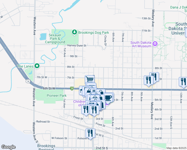 map of restaurants, bars, coffee shops, grocery stores, and more near 727 Main Avenue in Brookings
