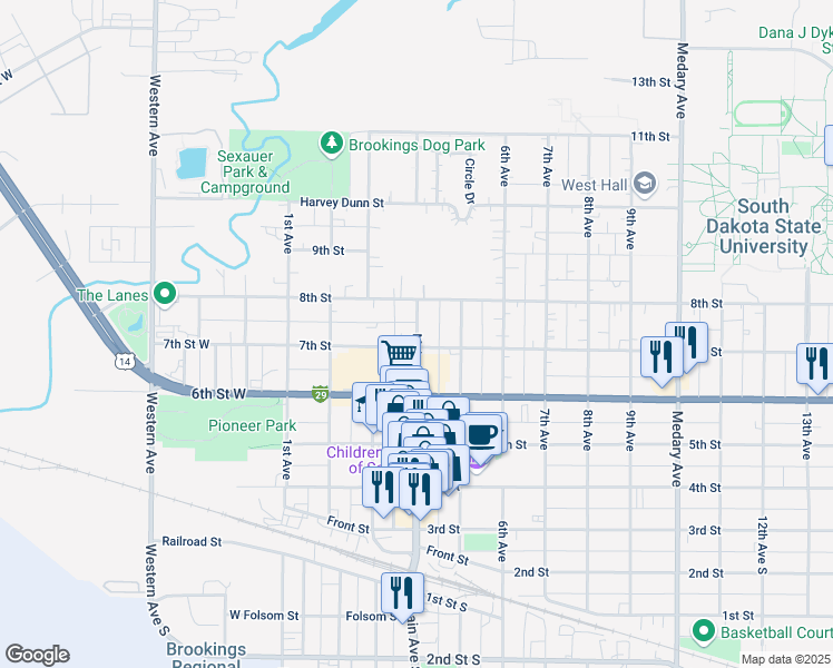 map of restaurants, bars, coffee shops, grocery stores, and more near 727 Main Avenue in Brookings