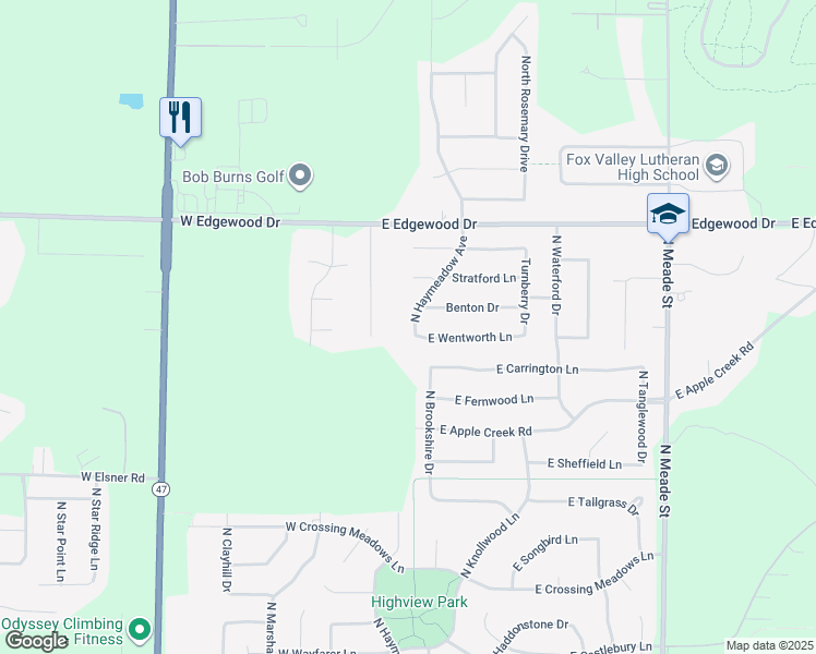 map of restaurants, bars, coffee shops, grocery stores, and more near 201 East Wentworth Lane in Appleton
