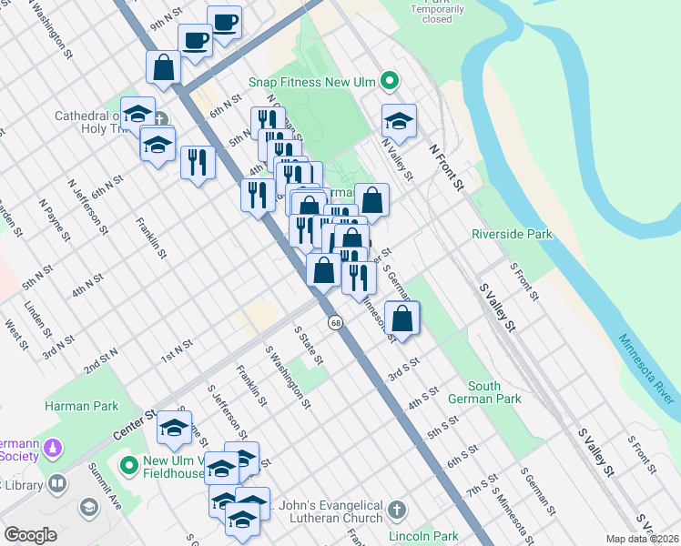 map of restaurants, bars, coffee shops, grocery stores, and more near 13 North Minnesota Street in New Ulm