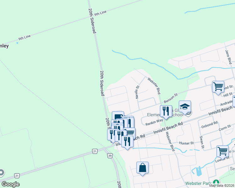 map of restaurants, bars, coffee shops, grocery stores, and more near 1444 Tomkins Road in Innisfil