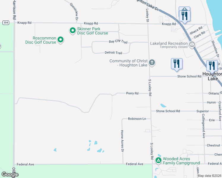 map of restaurants, bars, coffee shops, grocery stores, and more near in Houghton Lake