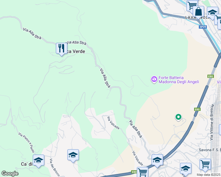 map of restaurants, bars, coffee shops, grocery stores, and more near 17 Via Alla Strà in Provincia di Savona